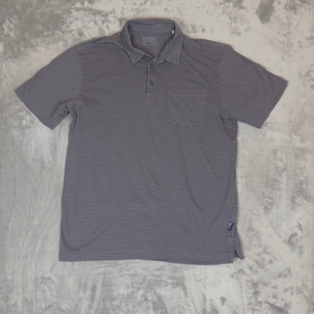 Patagonia Polo Shirt Mens Medium Grey Striped Short Sleeve Pocket 53251 S24